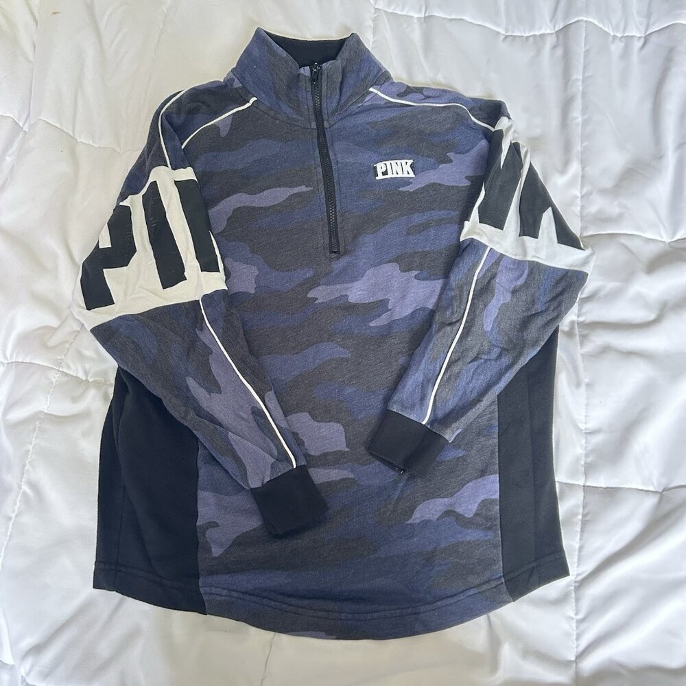 VS Victorias Secret Pink Half Zip Pullover‎ Sweater Jacket Navy Camo Womens XS
